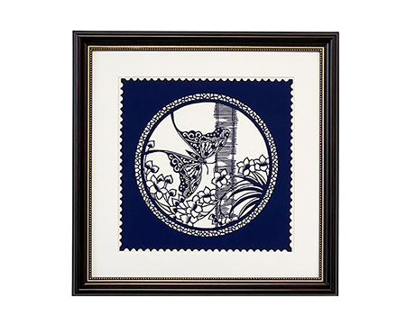 Cut Paper Wall Art SKU HD1-SL-3838-SK-LF - Brown Frame Navy Pattern - Frame Size 17inx17in 