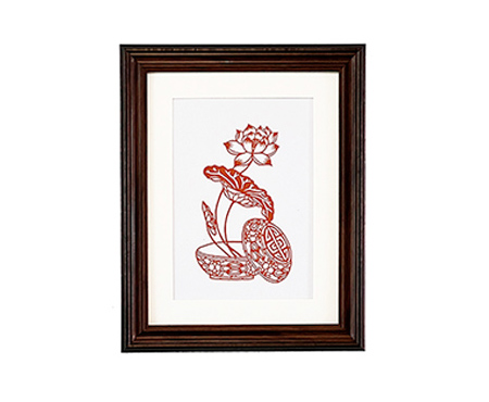 Cut Paper Wall Art SKU HH1-QK-3628-SK-SC - Brown Frame Red Pattern - Frame Size 13 3/4in x 16 3/4in