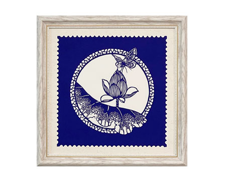 Cut Paper Wall Art SKU HH7-QL-3333-WT-SF - White Frame Blue Pattern - Frame Size 13 3/4inx13 3/4in