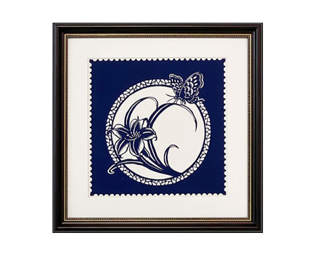 Cut Paper Wall Art SKU HD6-SL-3838-SK-LF - Brown Frame Navy Pattern - Frame Size 17inx17in