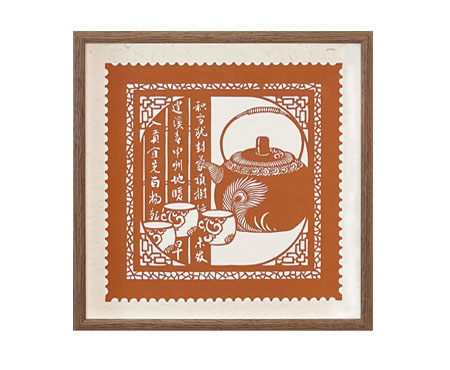 Cut Paper Wall Art SKU CH2-QK-3333-HT-SF - Walnut Frame Red Pattern - Frame Size 13 3/4inx13 3/4in