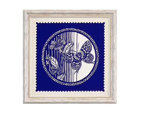 Cut Paper Wall Art SKU HD8-QL-3333-WT-SF - White Frame Blue Pattern- Frame Size 13 3/4in x 13 3/4in