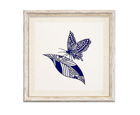 Cut Paper Wall Art SKU HD4-QL-3838-WT-LF - White Frame Blue Pattern- Frame Size 17in x 17in