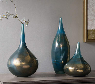 Set of 3 Aurora Blue Metallic Sprayed Glass Decorative Vases