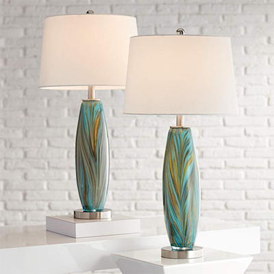 Set of 2 Table Lamps - 360 Lighting Azure 29 1/2in Blue Glass Hand-crafted