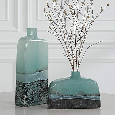 Set of 2 Aqua And Bronze Modern Coastal Glass Vases