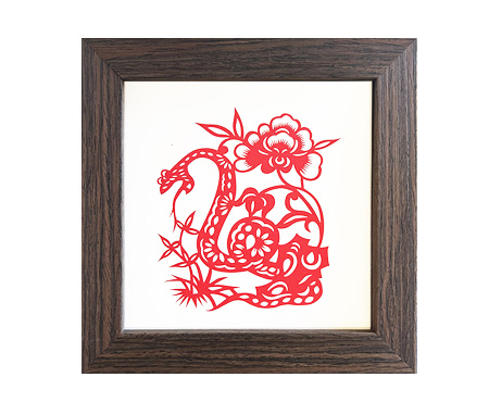 Chinese Zodiac Snake Cut Paper - Dark Brown Frame Size 6in x6in