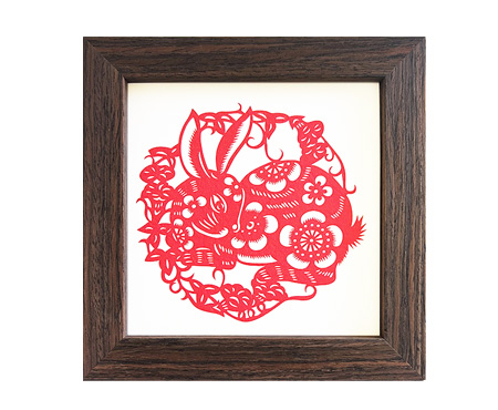 Chinese Zodiac Rabbit Cut Paper - Dark Brown Frame Size 6in x 6in