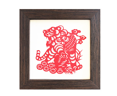 Chinese Zodiac Tiger Cut Paper - Dark Brown Frame Size 6in x 6in