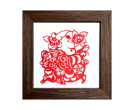 Chinese Zodiac Pig Cut Paper - Dark Brown Frame Size 6in x 6in