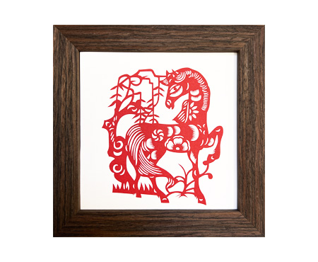 Chinese Zodiac Horse Cut Paper - Dark Brown Frame Size 6in x 6in