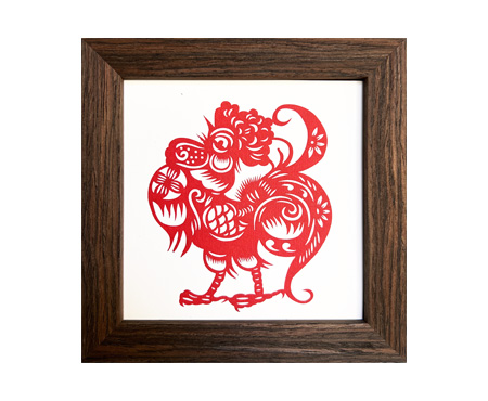 Chinese Zodiac Rooster Cut Paper - Dark Brown Frame Size 6in x 6in