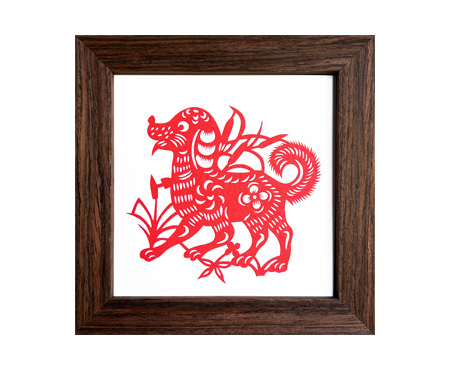 Chinese Zodiac Dog Cut Paper - Dark Brown Frame Size 6in x 6in