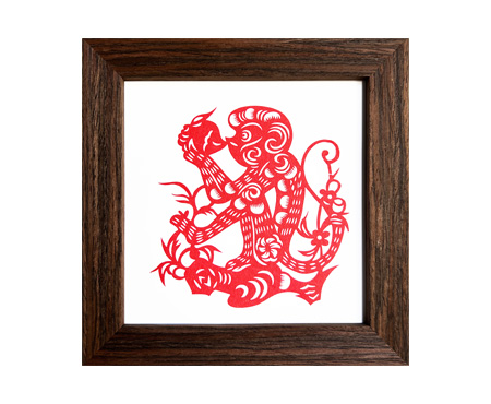 Chinese Zodiac Monkey Cut Paper - Dark Brown Frame Size 6in x 6in