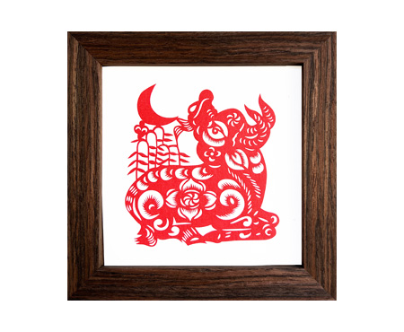 Chinese Zodiac Ox Cut Paper - Dark Brown Frame Size 6in x 6in